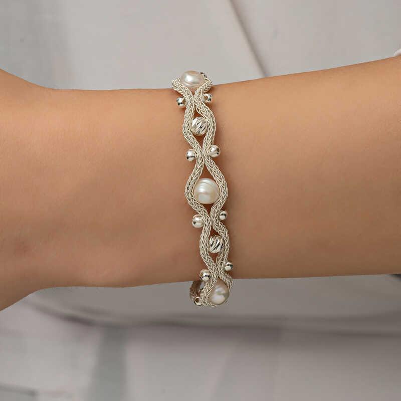 Silver Pearl Kazaziye Knit Bracelet
