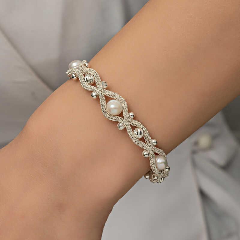 Silver Pearl Kazaziye Knit Bracelet