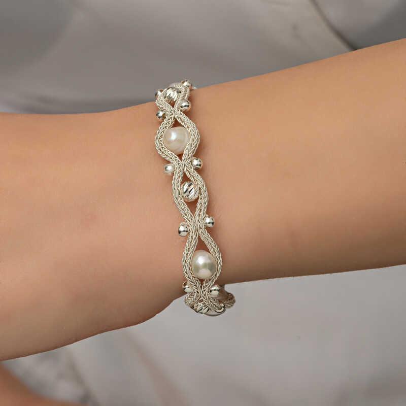 Silver Pearl Kazaziye Knit Bracelet