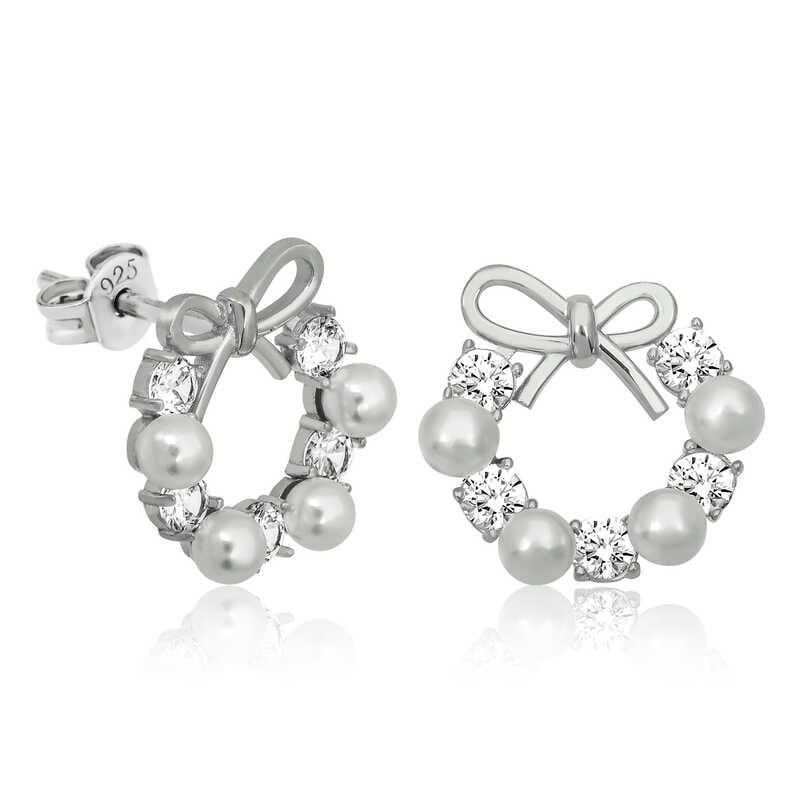 Silver Pearl Ribbon Stud Women's Earrings