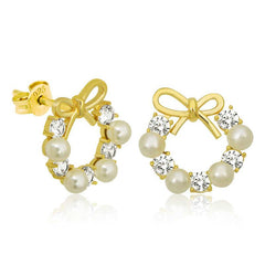 Silver Pearl Ribbon Stud Women's Earrings