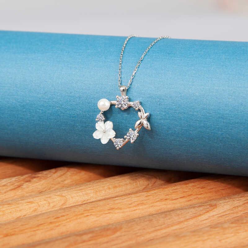 Silver Heart Magnolia Flower Butterfly Women's Necklace