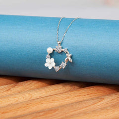Silver Heart Magnolia Flower Butterfly Women's Necklace