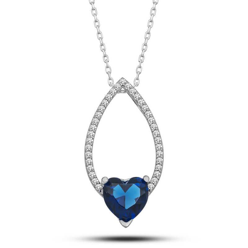 Silver Heart Blue Stone Drop Women's Necklace