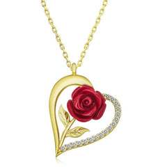 Collier pour femme en argent, or, cœur, rose rouge