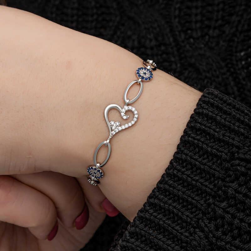 Bracelet femme en argent avec cœur et mauvais œil
