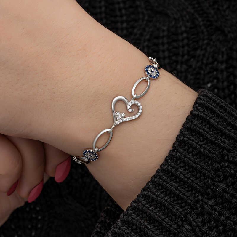 Bracelet femme en argent avec cœur et mauvais œil