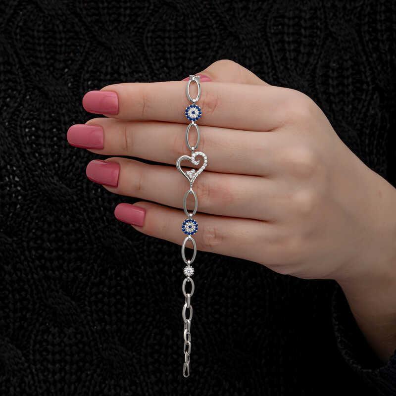 Bracelet femme en argent avec cœur et mauvais œil
