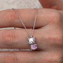 Silver Pink Stone Cute Cat Woman Necklace