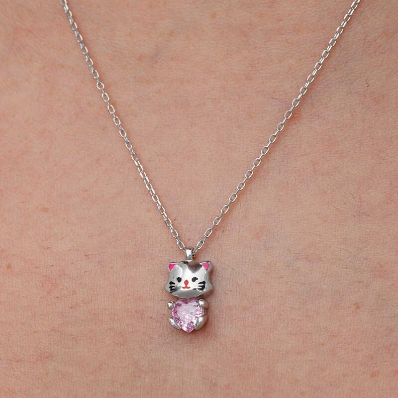 Silver Pink Stone Cute Cat Woman Necklace