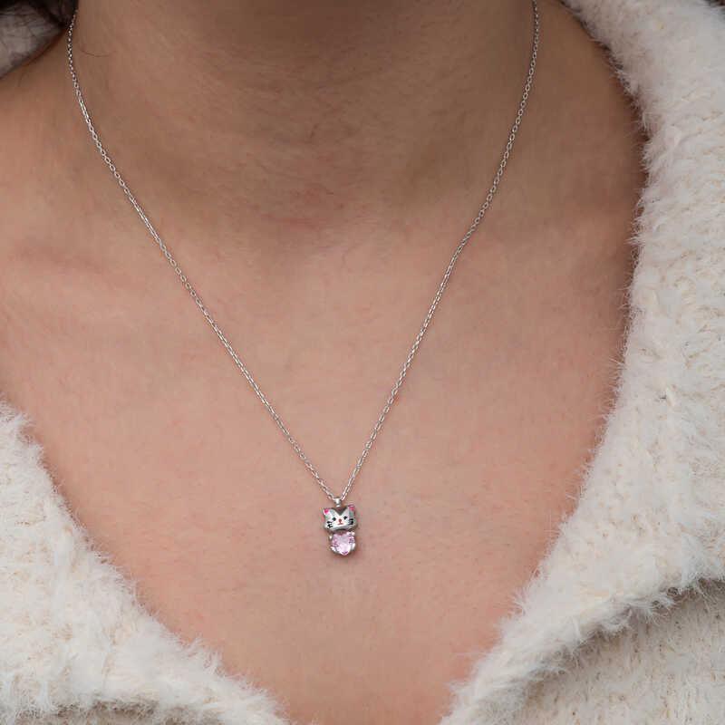 Silver Pink Stone Cute Cat Woman Necklace