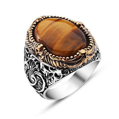 Silver Tiger Eye Stone Men's Ring 