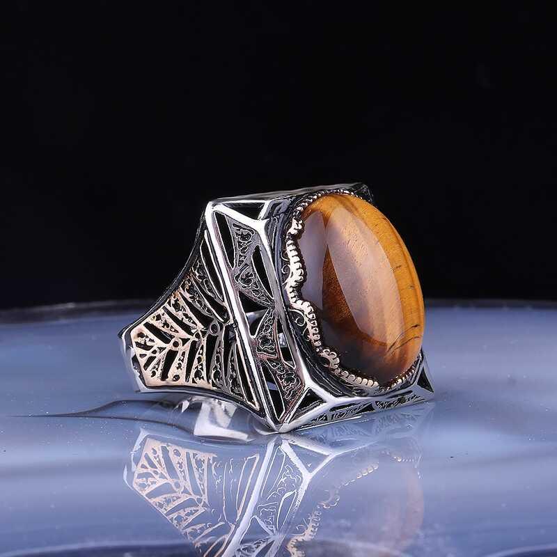 Silver Tiger's Eye Stone Square Men's Ring