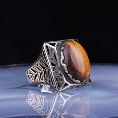 Silver Tiger's Eye Stone Square Men's Ring
