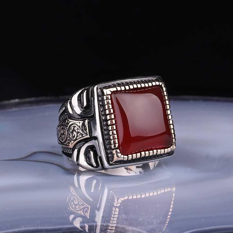 Silver Square Agate Stone Men's Ring
