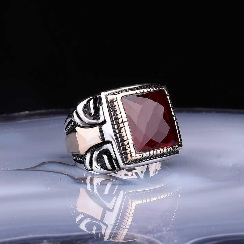 Silver Square Faceted Burgundy Stone Men's Ring
