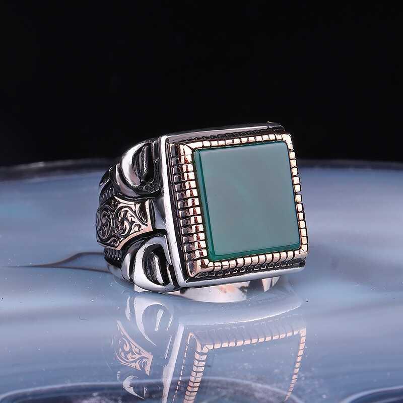 Silver Square Green Agate Stone Men's Ring