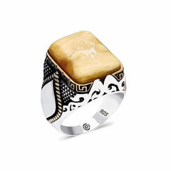 Silver Amber Stone Angled Men's Ring