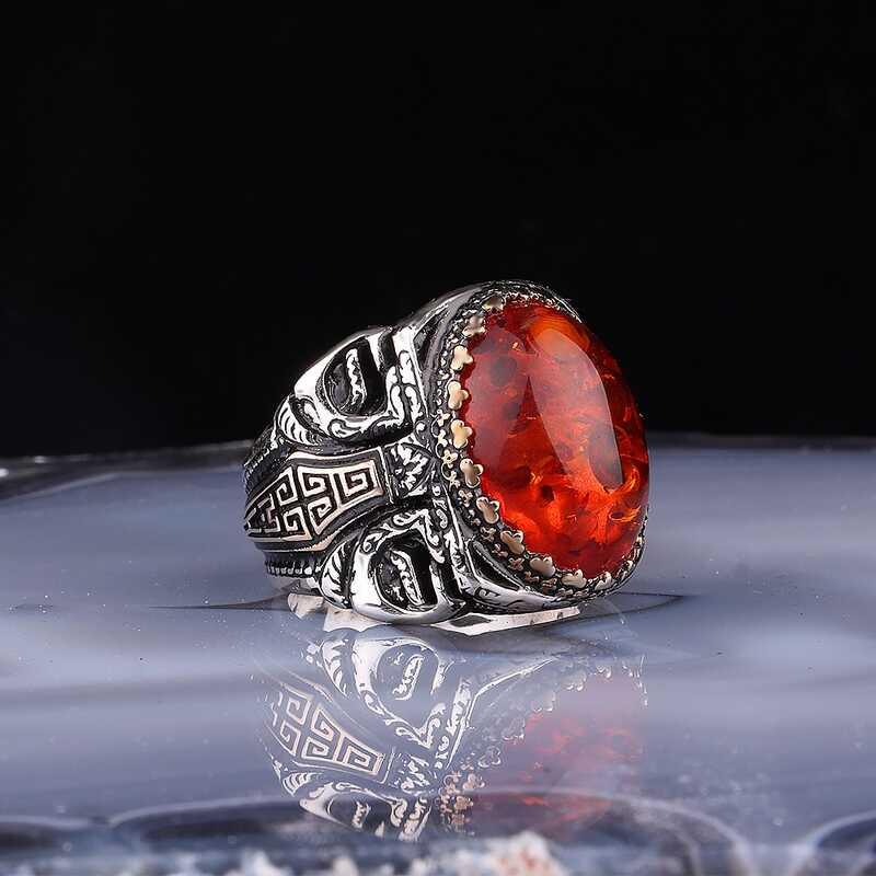Silver Amber Stone Oval Men's Ring