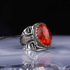 Silver Amber Stone Oval Men's Ring