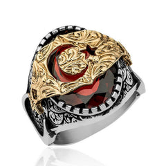 Silver Red Faceted Stone Crescent Star Men's Ring