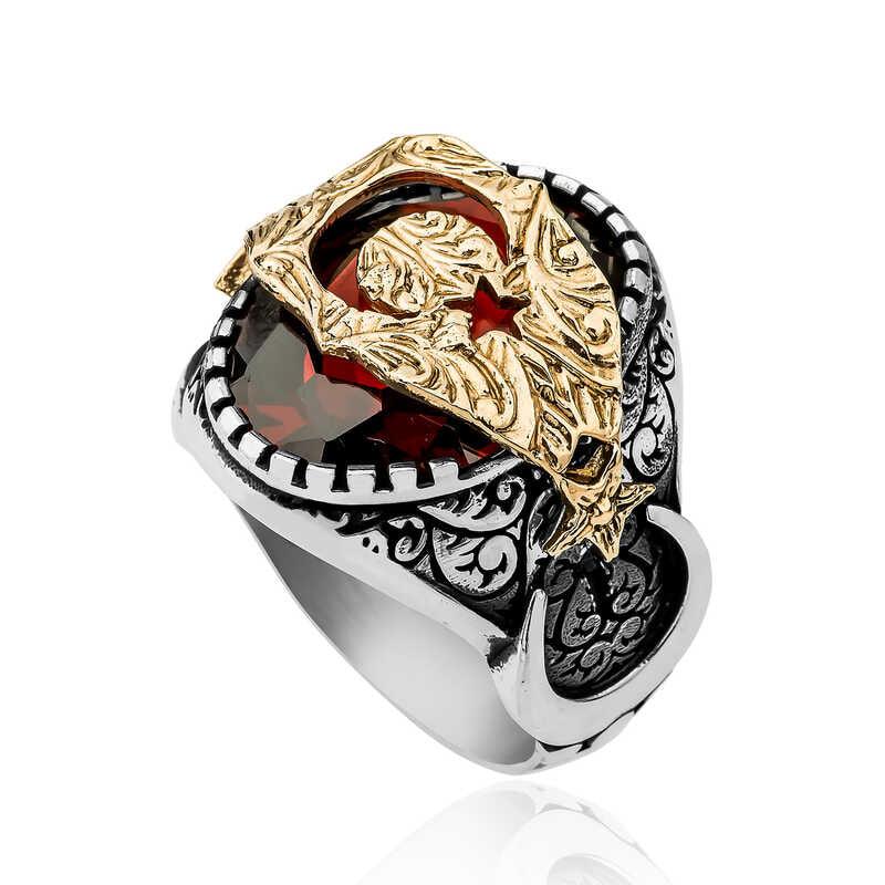 Silver Red Faceted Stone Crescent Star Men's Ring