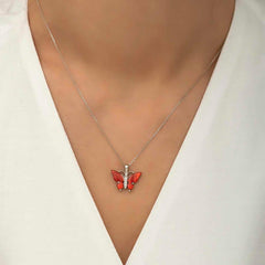 Silver Red Tiger's Eye Stone Butterfly Necklace