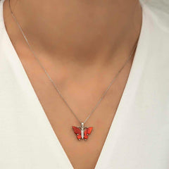 Silver Red Tiger's Eye Stone Butterfly Necklace