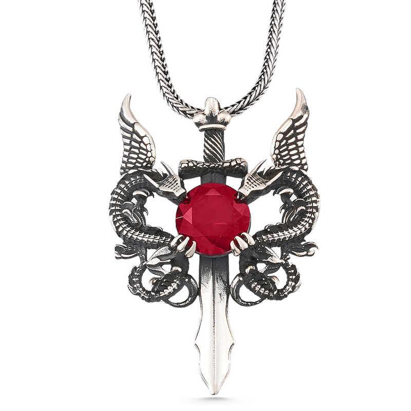 Silver Red Stone Dragon Men's Sword Necklace