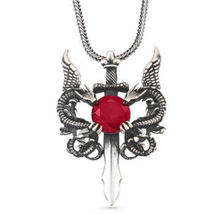 Silver Red Stone Dragon Men's Sword Necklace