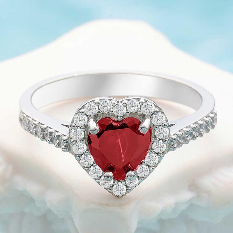 Silver Red Stone Heart Women's Ring