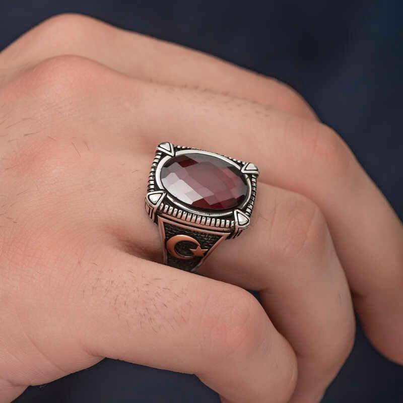 Silver Red Zircon Stone Men's Ring