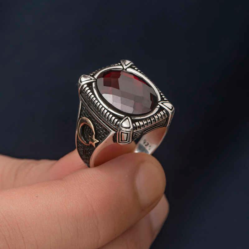 Silver Red Zircon Stone Men's Ring
