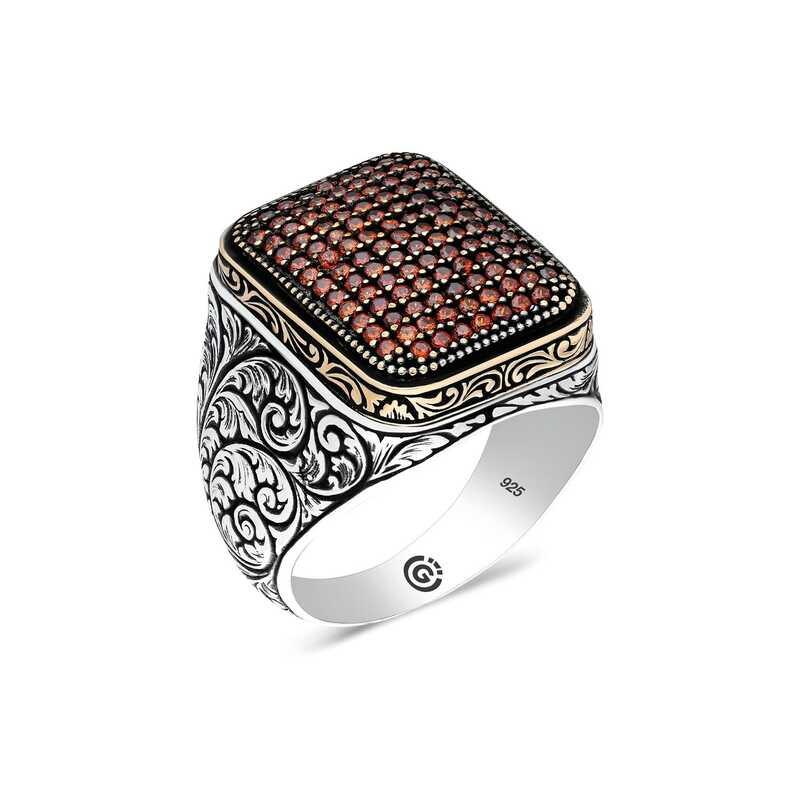 Silver Red Zircon Stone Square Men's Ring