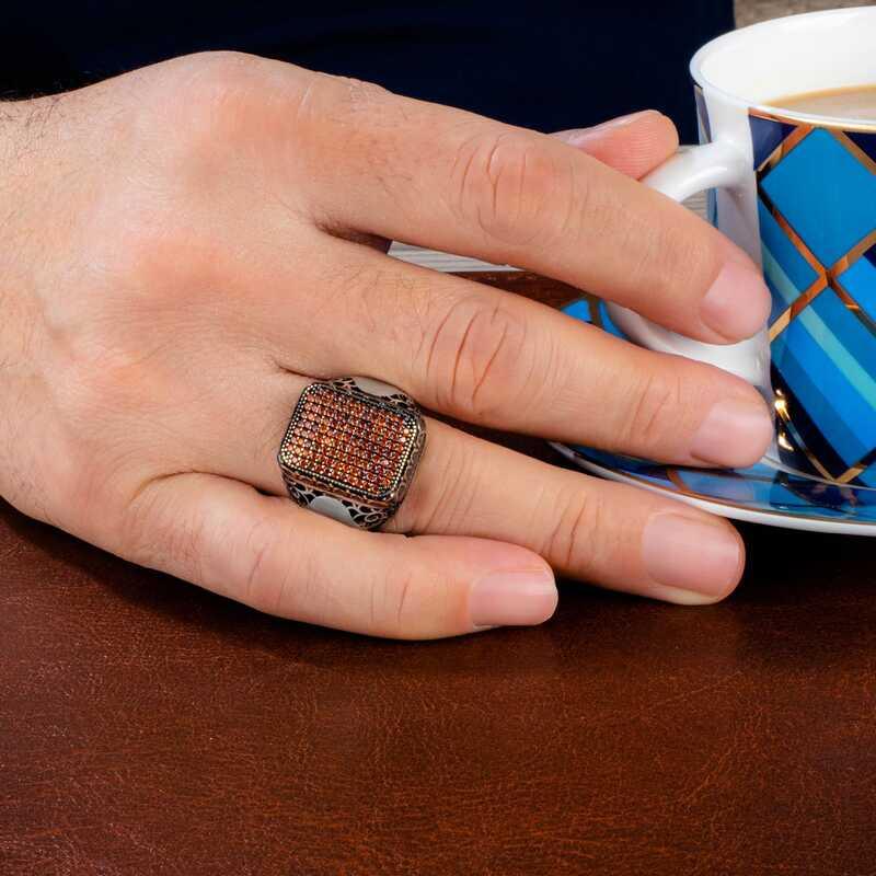 Silver Red Zircon Stone Square Men's Ring
