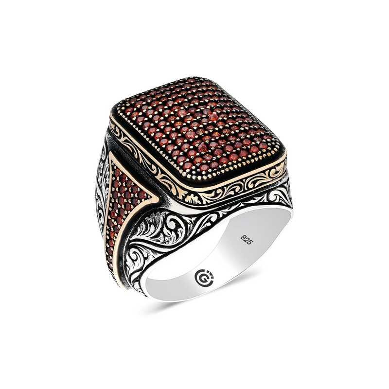 Silver Red Zircon Stone Square Men's Ring
