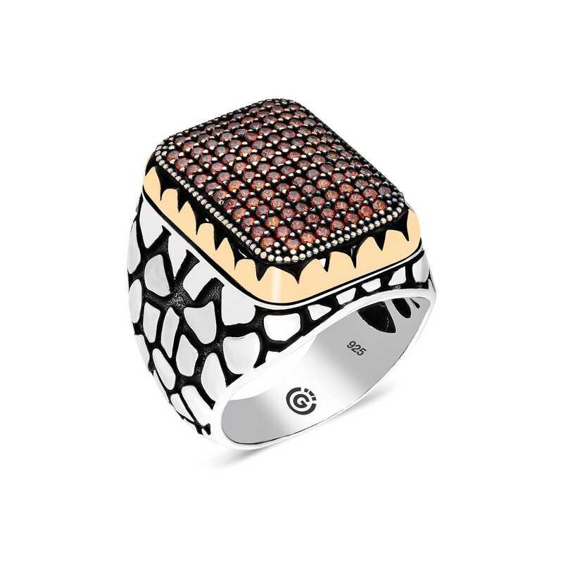 Silver Red Zircon Stone Square Men's Ring