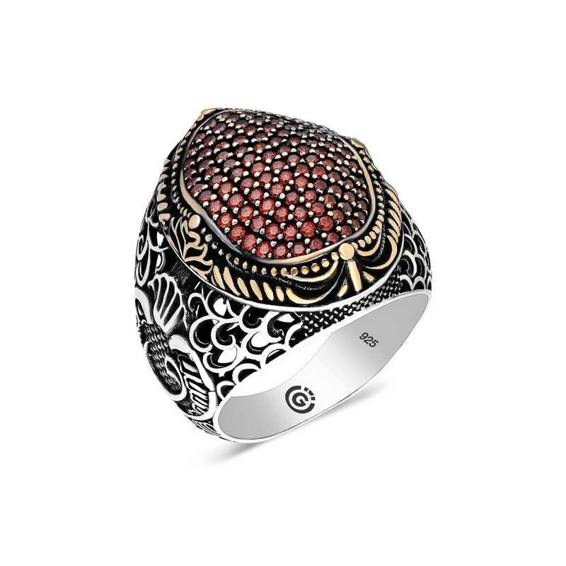 Silver Red Zircon Stone Oval Men's Ring