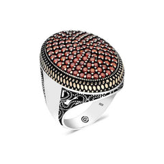 Bague homme ovale en argent et zircon rouge