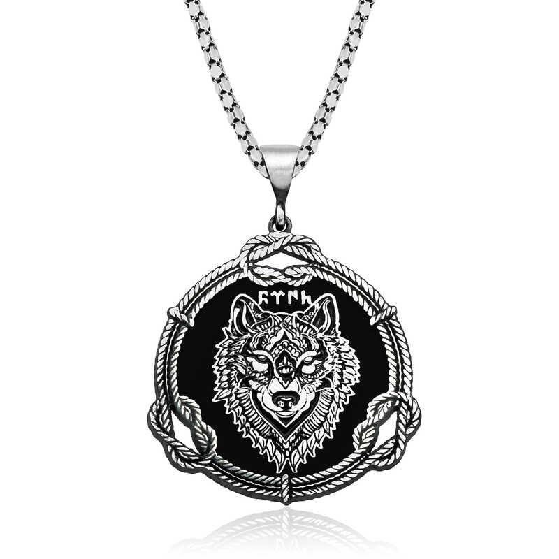 Silver Wolf Motif Gokturkish Turkish Written Necklace