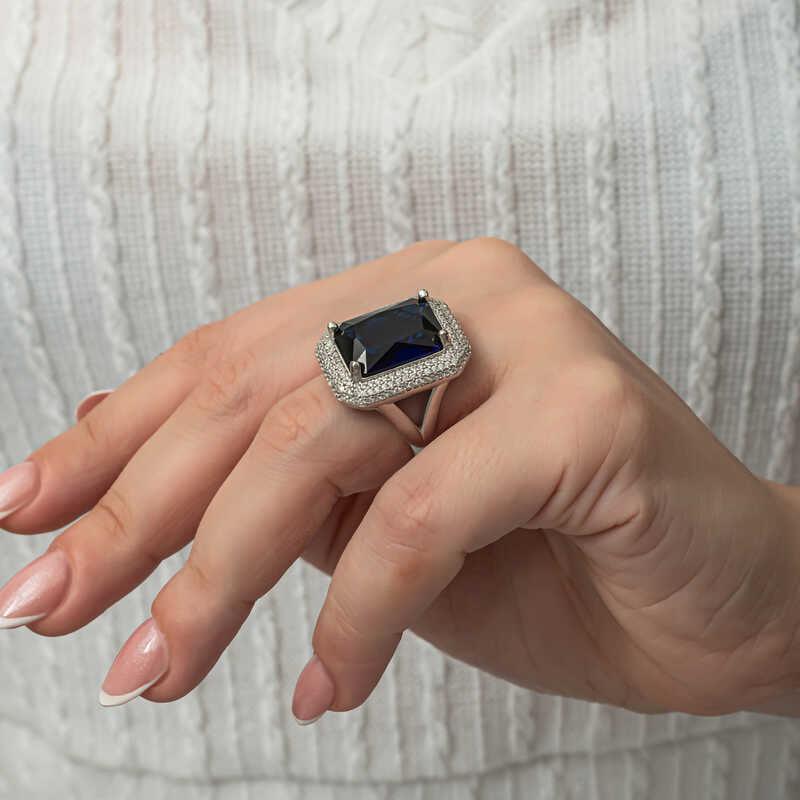 Silver Navy Blue Zircon Stone Women's Ring