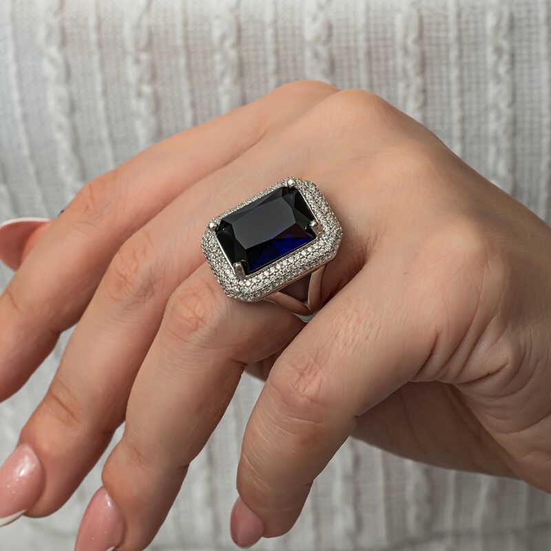 Silver Navy Blue Zircon Stone Women's Ring