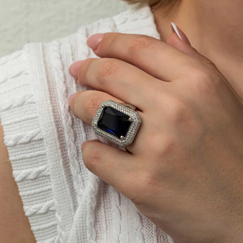 Silver Navy Blue Zircon Stone Women's Ring