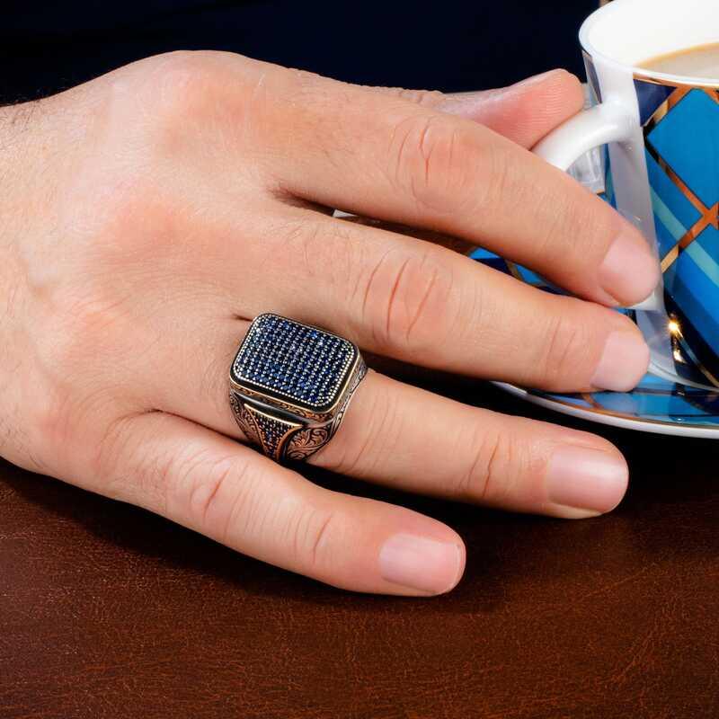 Silver Navy Blue Zircon Stone Square Men's Ring