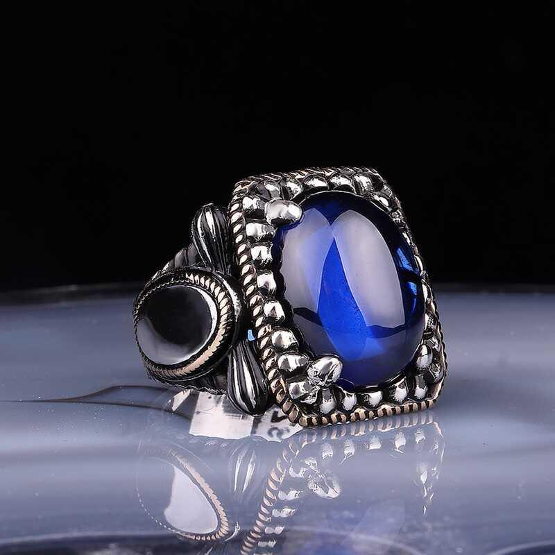 Silver Navy Blue Zircon Stone Square Men's Ring