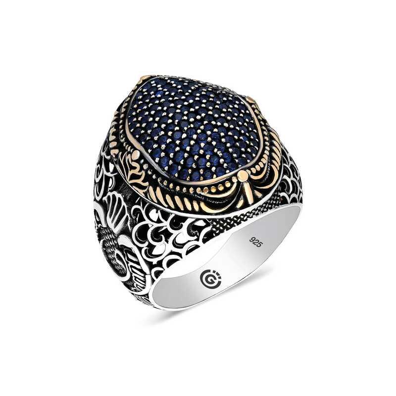 Silver Navy Blue Zircon Stone Oval Men's Ring