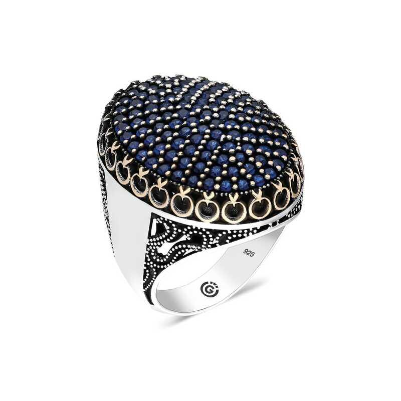 Bague homme ovale en argent et zircon bleu marine