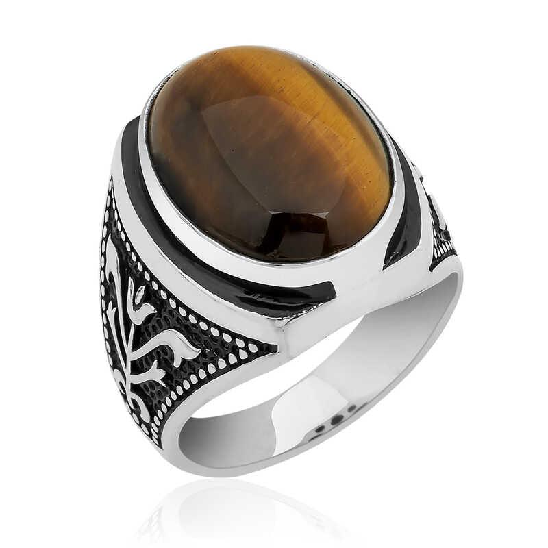 Silver Tulip Embroidered Tiger Eye Ring