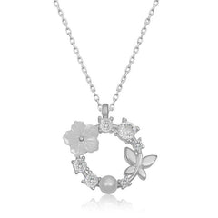 Silver Magnolia Flower Butterfly Women's Necklace