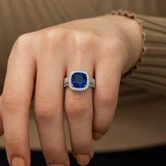 Bague pour femme en argent bleu baguette